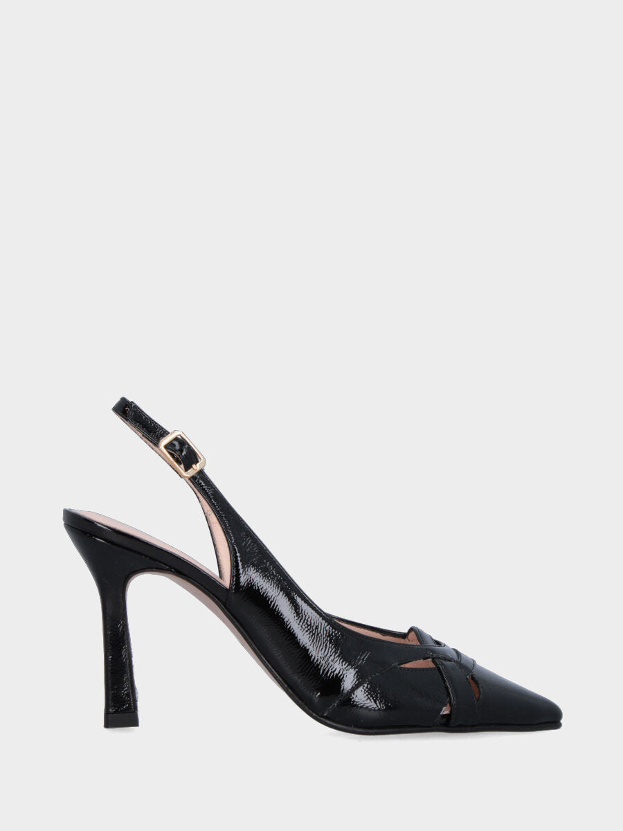 Slingback in naplak nero con incroci in pianta e tacco a calice