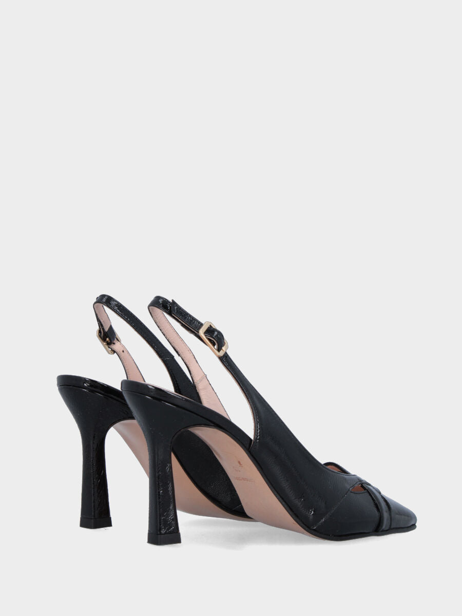 Slingback in naplak nero con incroci in pianta e tacco a calice