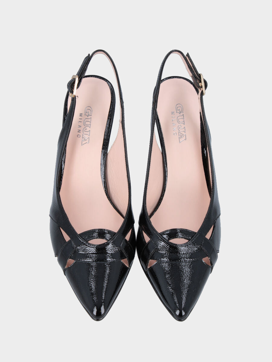 Slingback in naplak nero con incroci in pianta e tacco a calice