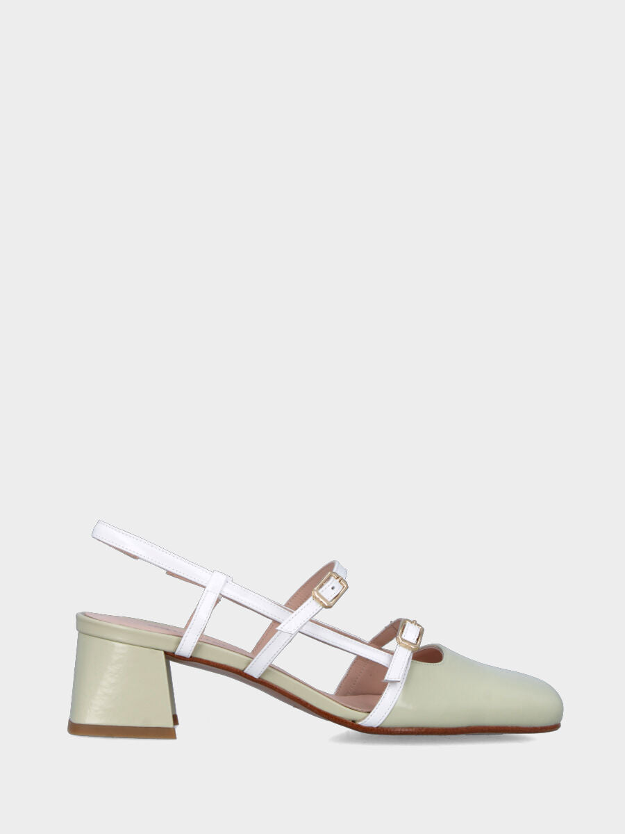 Slingback in verlux verde con cinturini bianchi e tacco a blocco