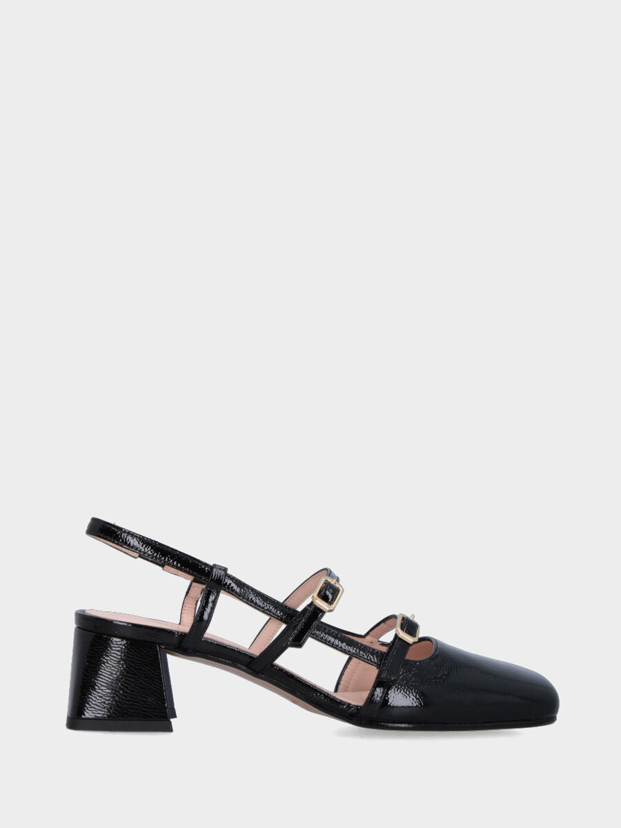 Slingback in verlux nero con cinturini e tacco a blocco