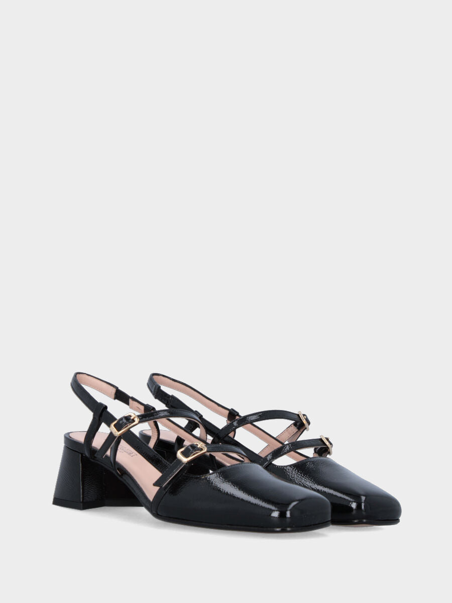 Slingback in verlux nero con cinturini e tacco a blocco