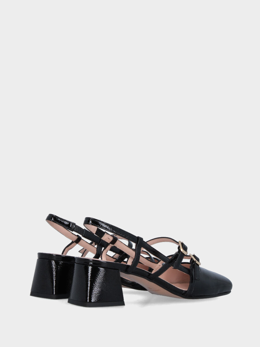 Slingback in verlux nero con cinturini e tacco a blocco