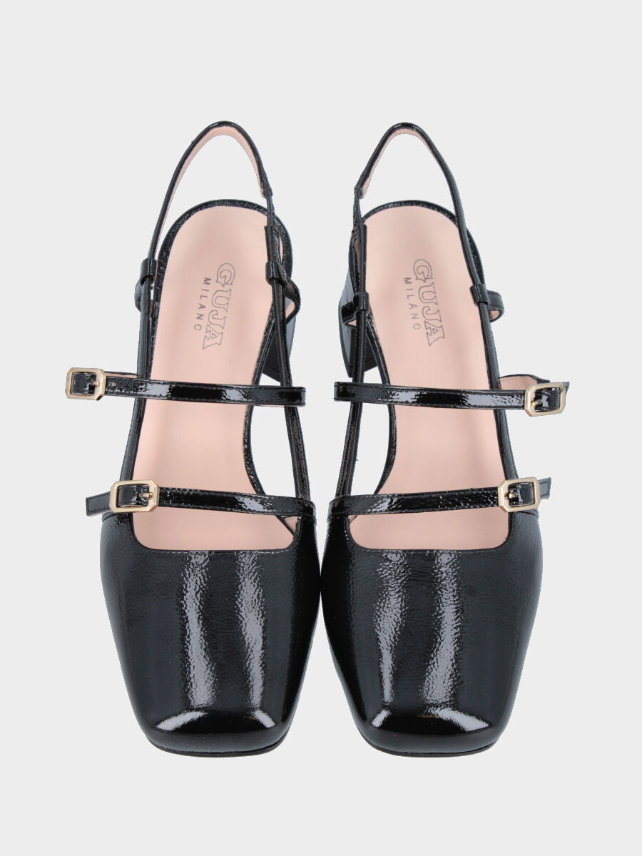 Slingback in verlux nero con cinturini e tacco a blocco