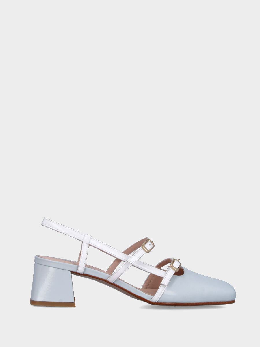 Slingback in verlux grigio con cinturini bianchi e tacco a blocco