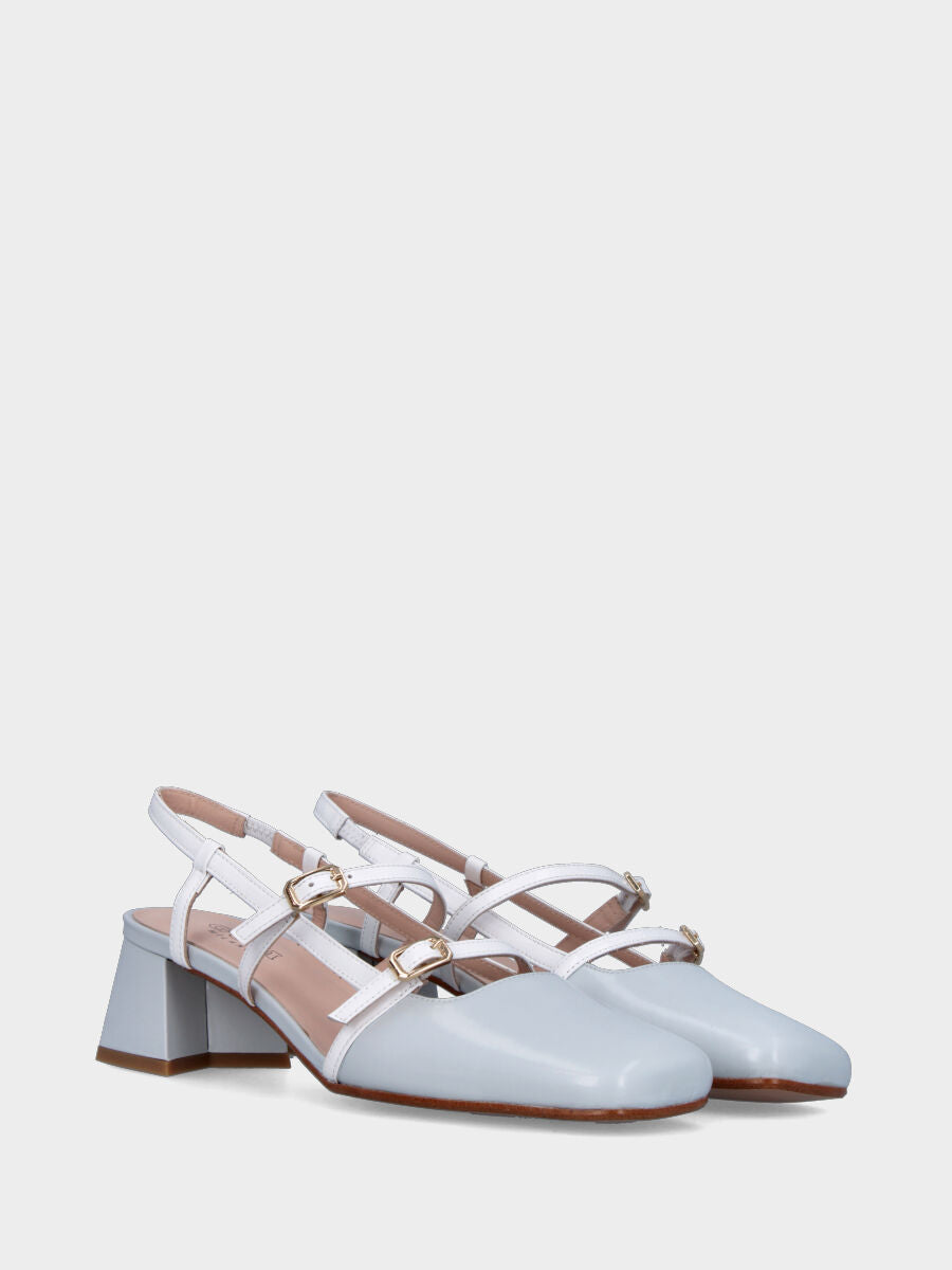 Slingback in verlux grigio con cinturini bianchi e tacco a blocco