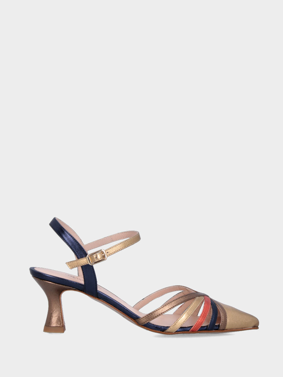 Slingback in laminato multicolor con cinturini incrociati e tacco a calice