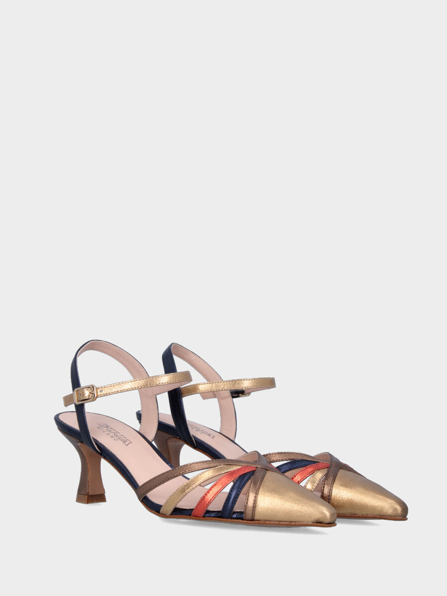 Slingback in laminato multicolor con cinturini incrociati e tacco a calice