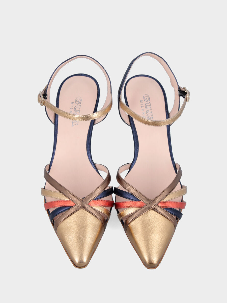Slingback in laminato multicolor con cinturini incrociati e tacco a calice