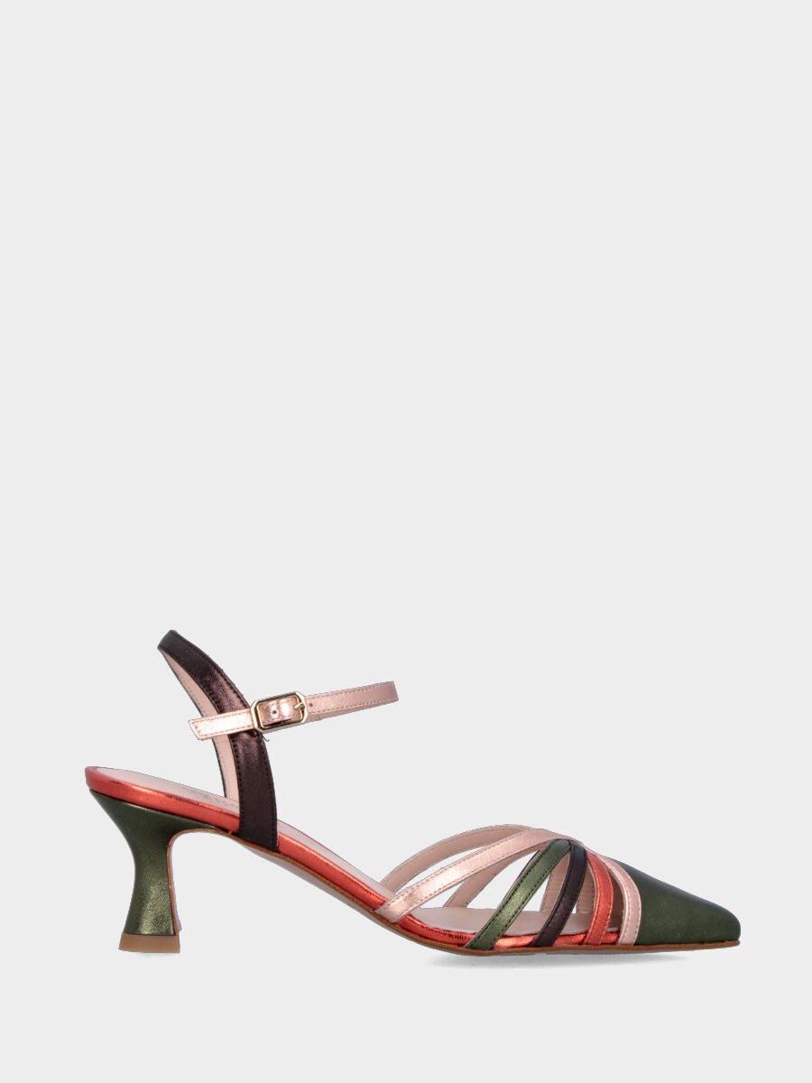 Slingback in laminato multicolor con cinturini incrociati e tacco a calice