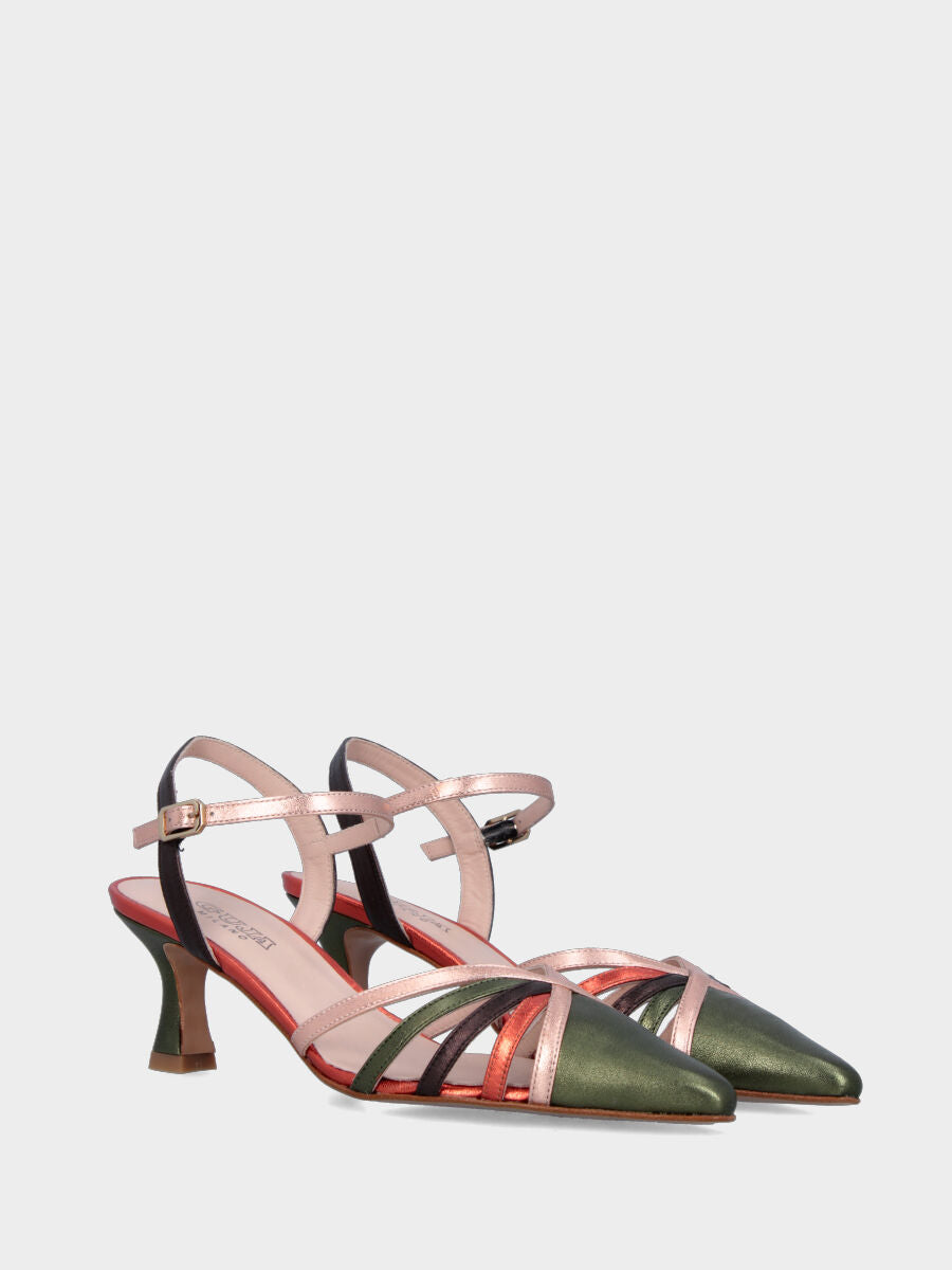 Slingback in laminato multicolor con cinturini incrociati e tacco a calice