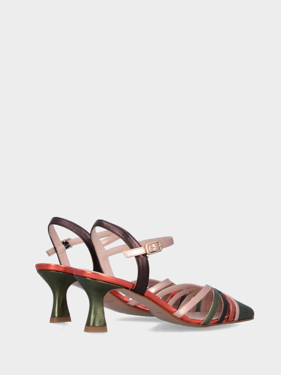 Slingback in laminato multicolor con cinturini incrociati e tacco a calice