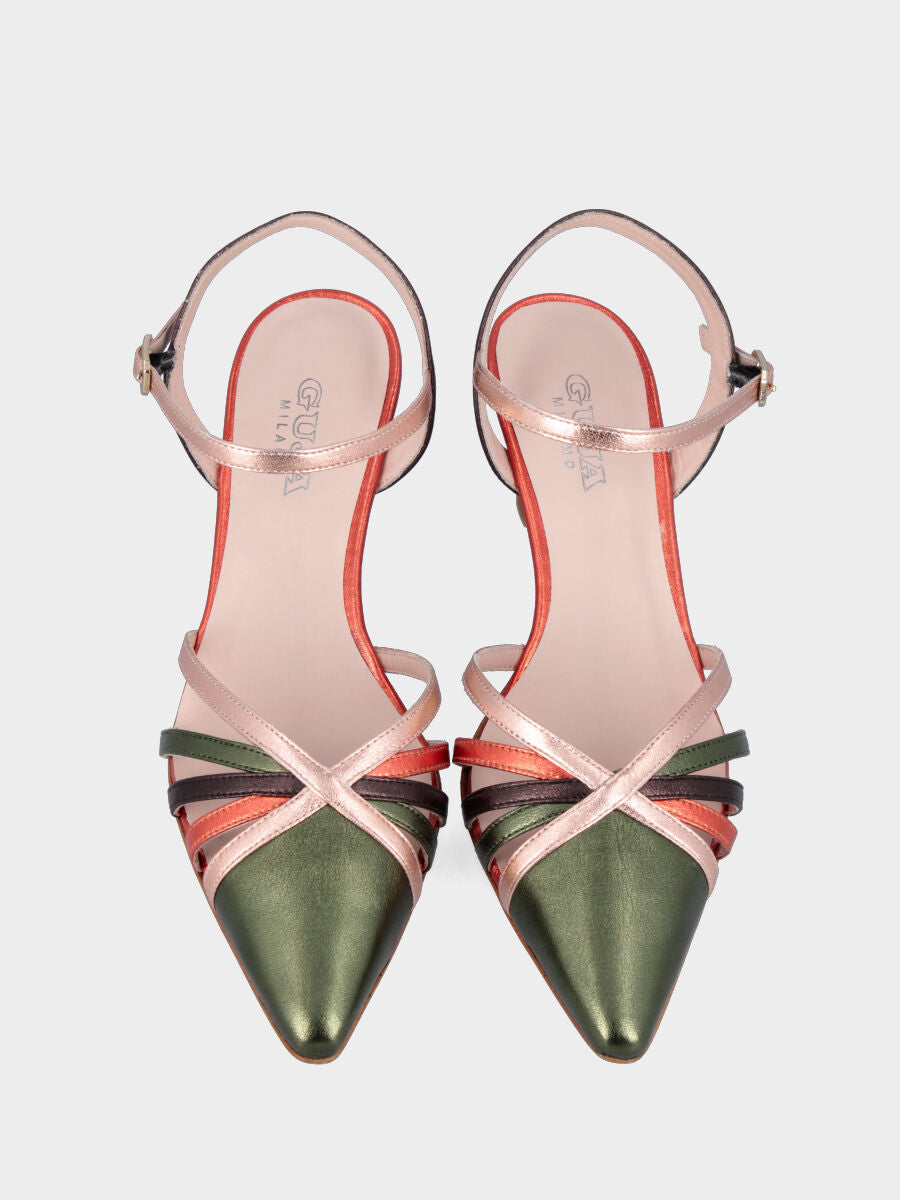 Slingback in laminato multicolor con cinturini incrociati e tacco a calice