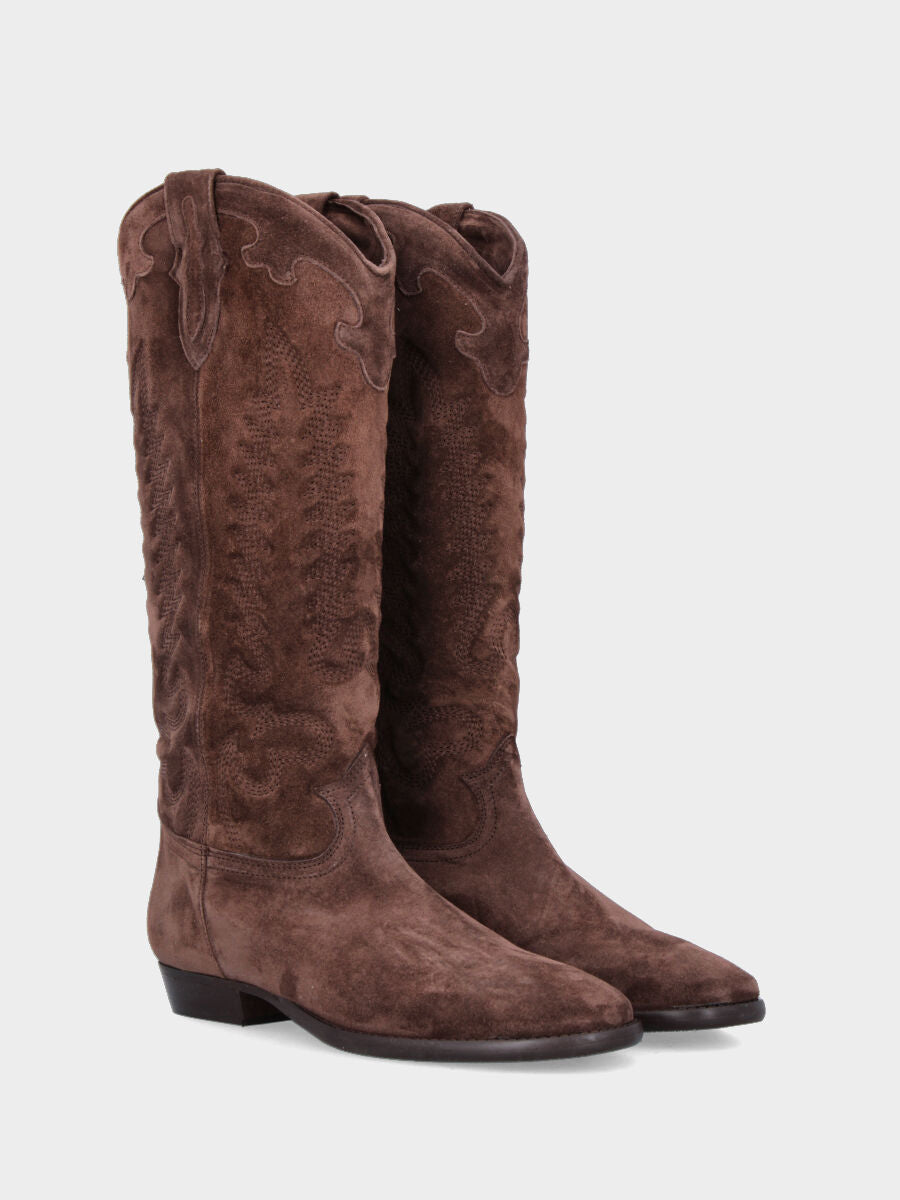 Camperos in velour testa di moro con ricami fiammati e gambale a tubo