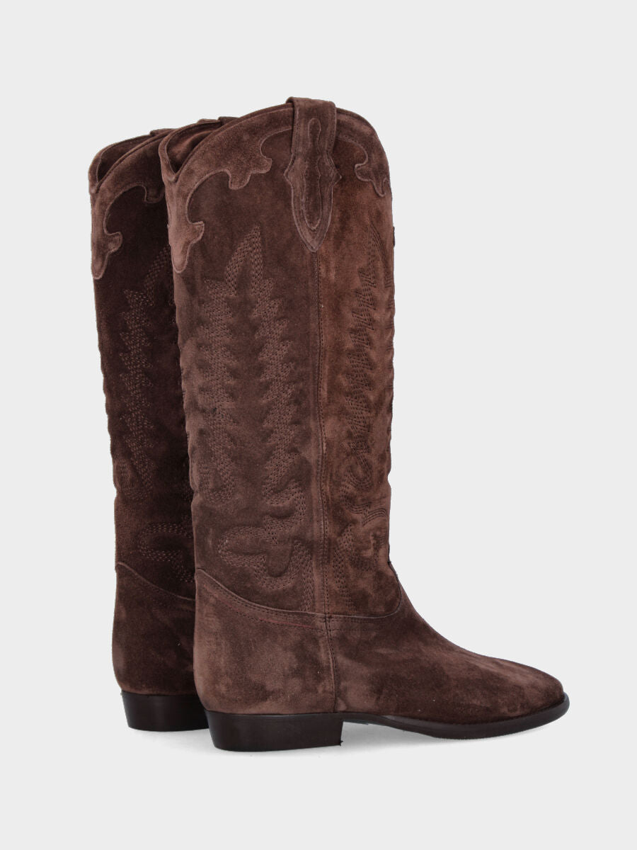 Camperos in velour testa di moro con ricami fiammati e gambale a tubo