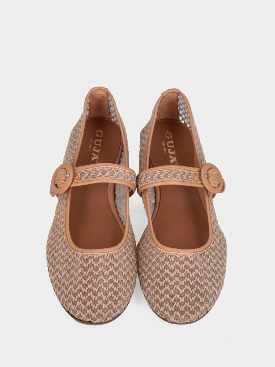 Ballerina Mary Jane in rafia beige con cinturino e suola in cuoio