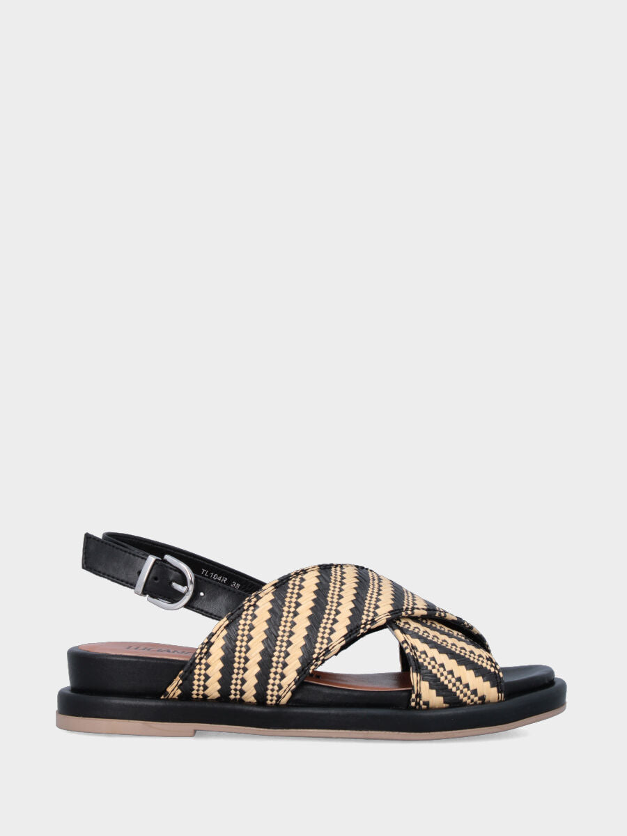 Sandalo in rafia nera e beige con fusbet e platform