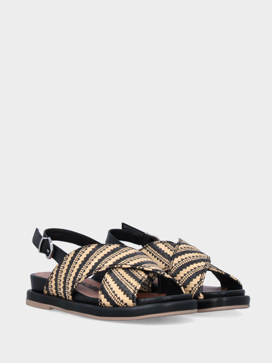 Sandalo in rafia nera e beige con fusbet e platform