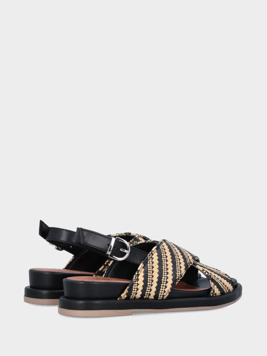 Sandalo in rafia nera e beige con fusbet e platform
