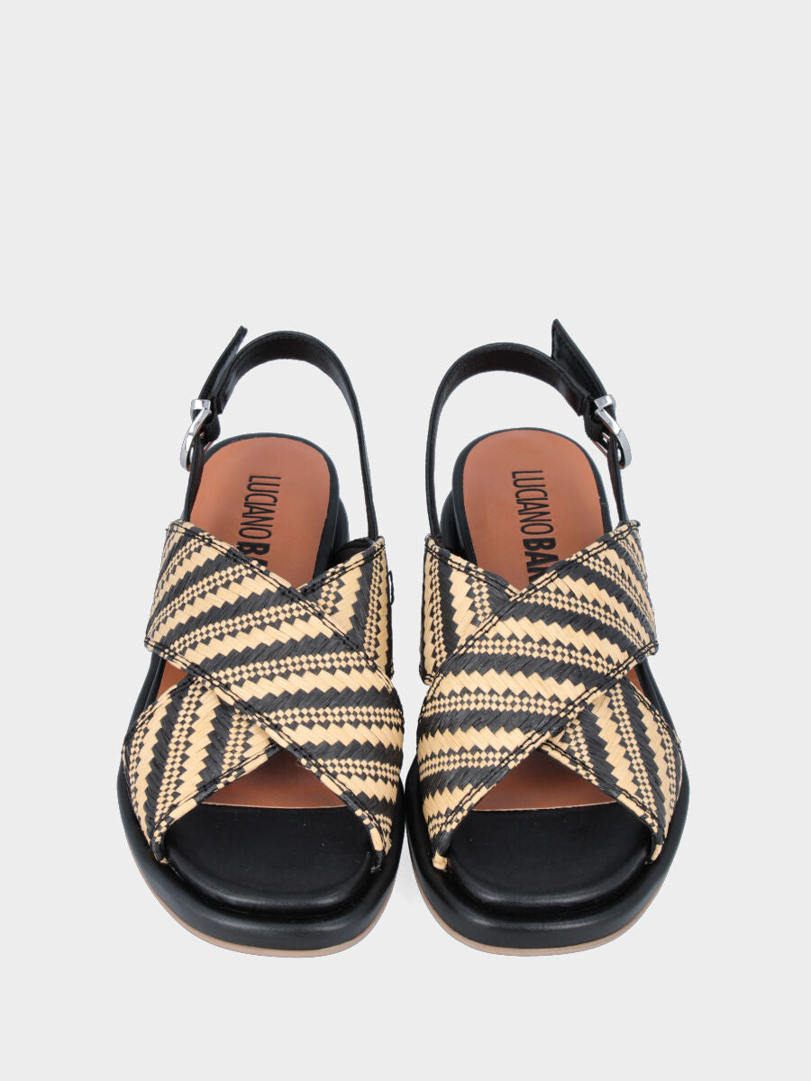 Sandalo in rafia nera e beige con fusbet e platform