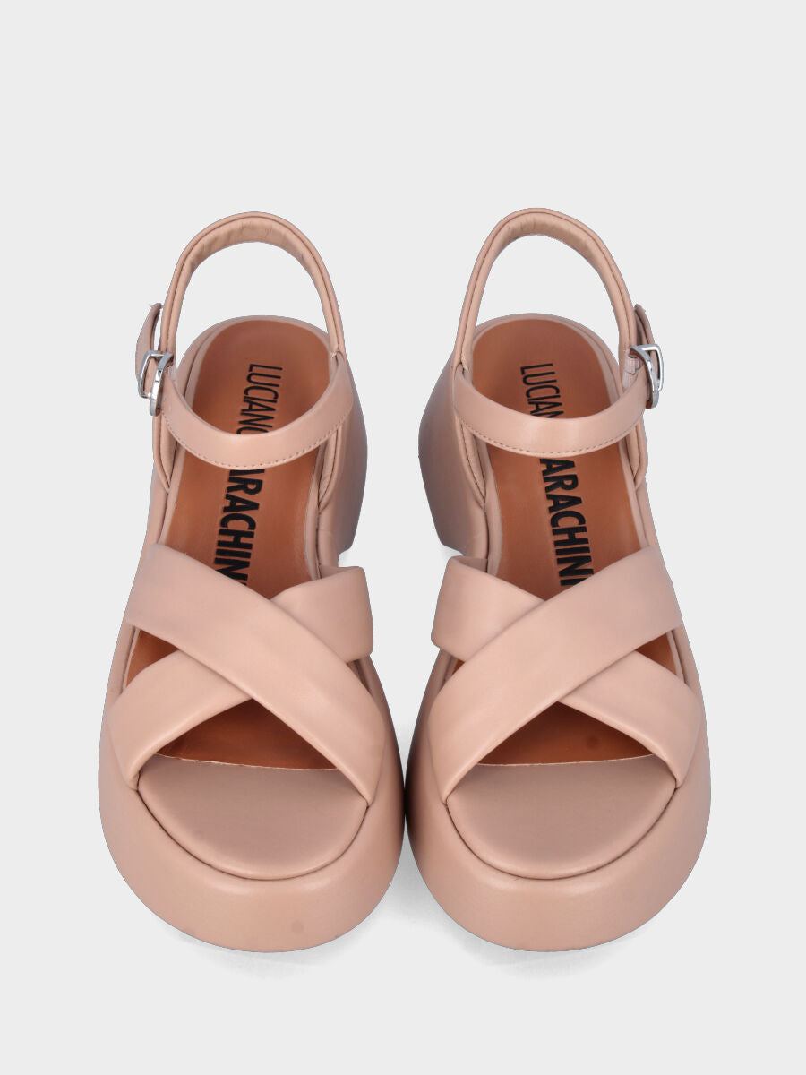 Sandalo platform in nappa beige con fasce incrociate