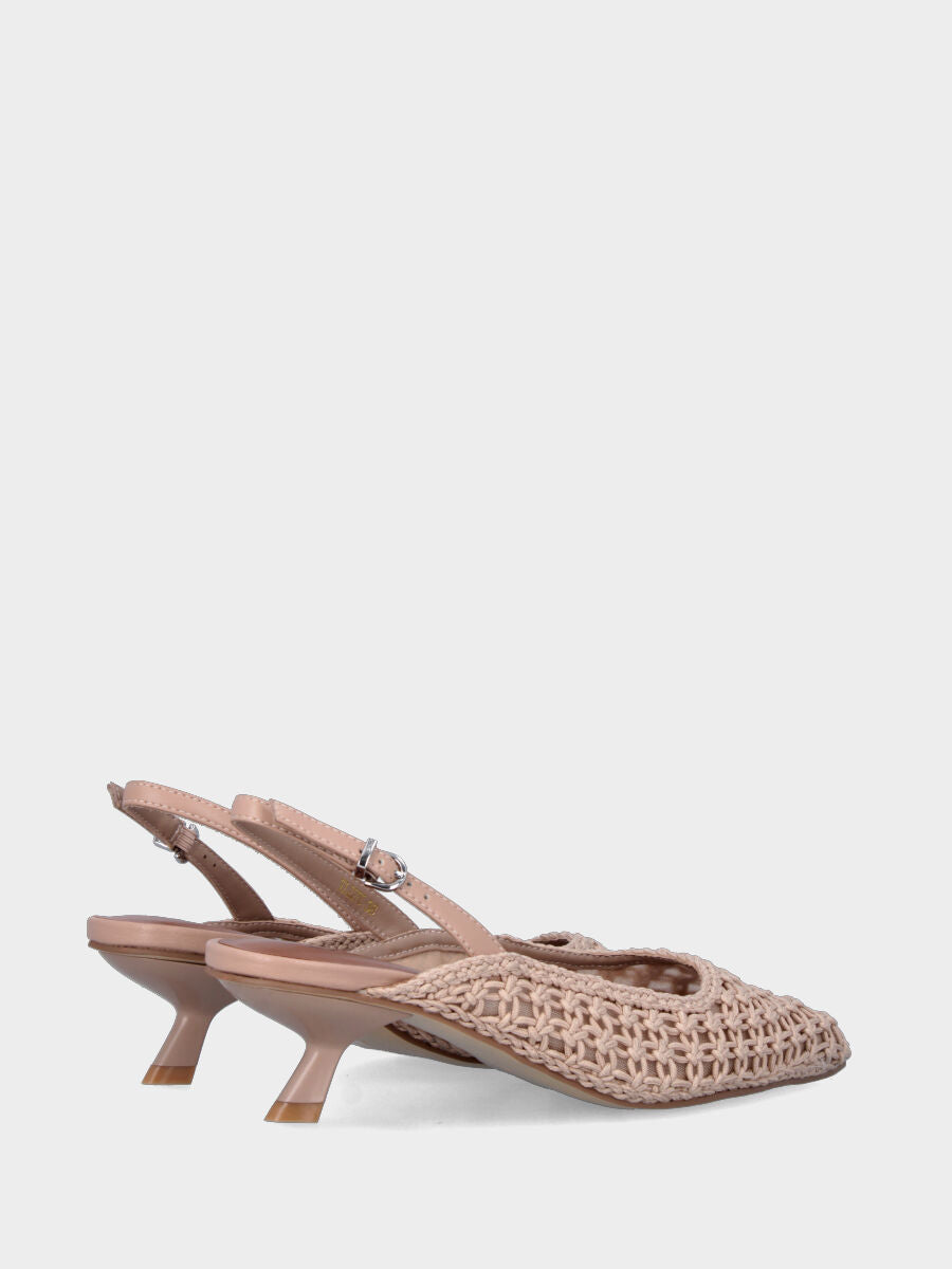 Slingback in tessuto beige con tacco a calice e tomaia in rete intrecciata