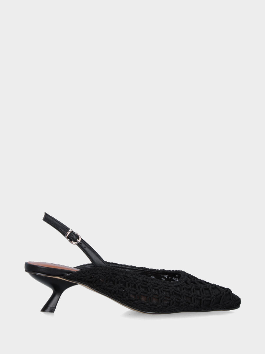 Slingback in tessuto nero con tacco a calice e tomaia in rete intrecciata