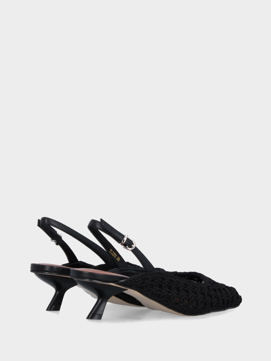 Slingback in tessuto nero con tacco a calice e tomaia in rete intrecciata