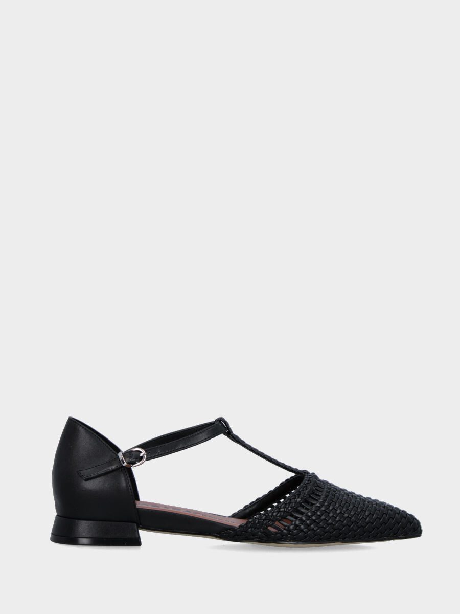 Ballerina Charleston in nappa nera con punta sfilata intrecciata
