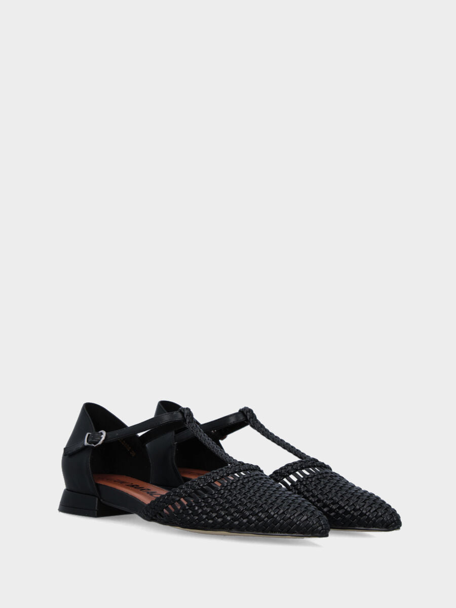 Ballerina Charleston in nappa nera con punta sfilata intrecciata