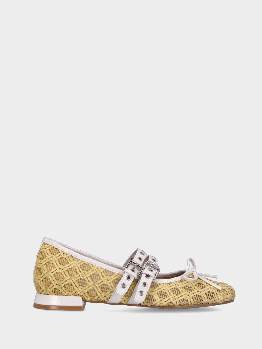 Ballerina Mary Jane in tessuto giallo con cinturini e fiocco