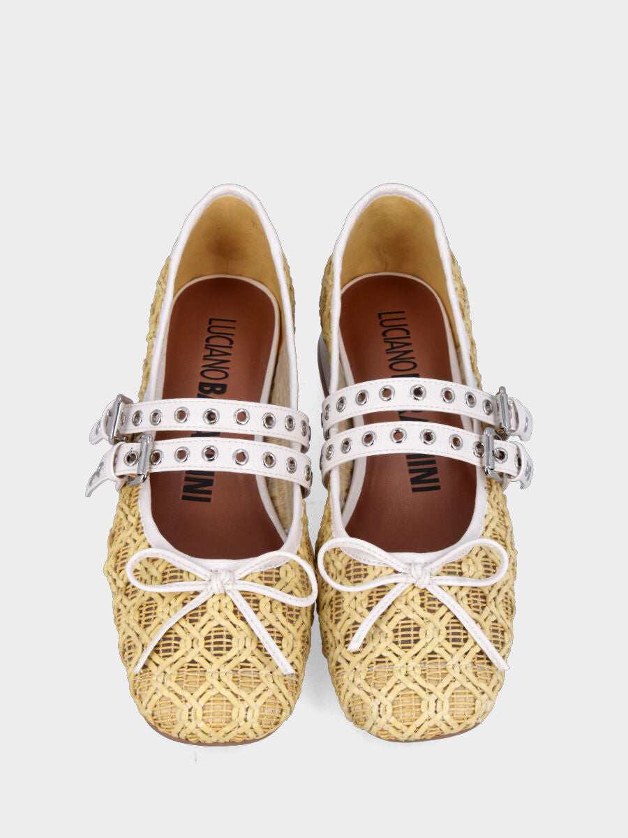 Ballerina Mary Jane in tessuto giallo con cinturini e fiocco