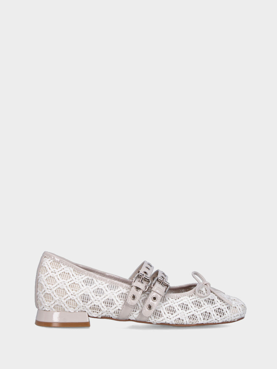 Ballerina Mary Jane in tessuto bianco con cinturini e fiocco