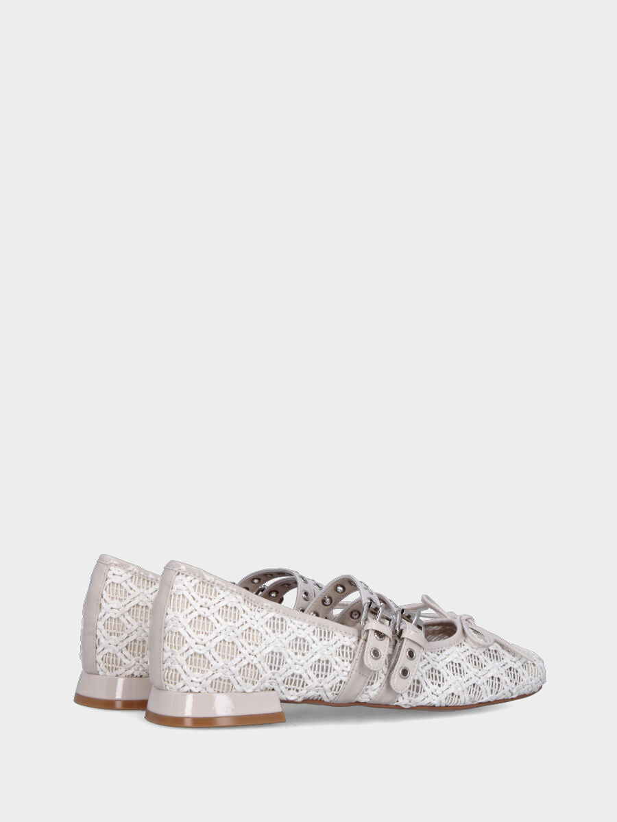 Ballerina Mary Jane in tessuto bianco con cinturini e fiocco