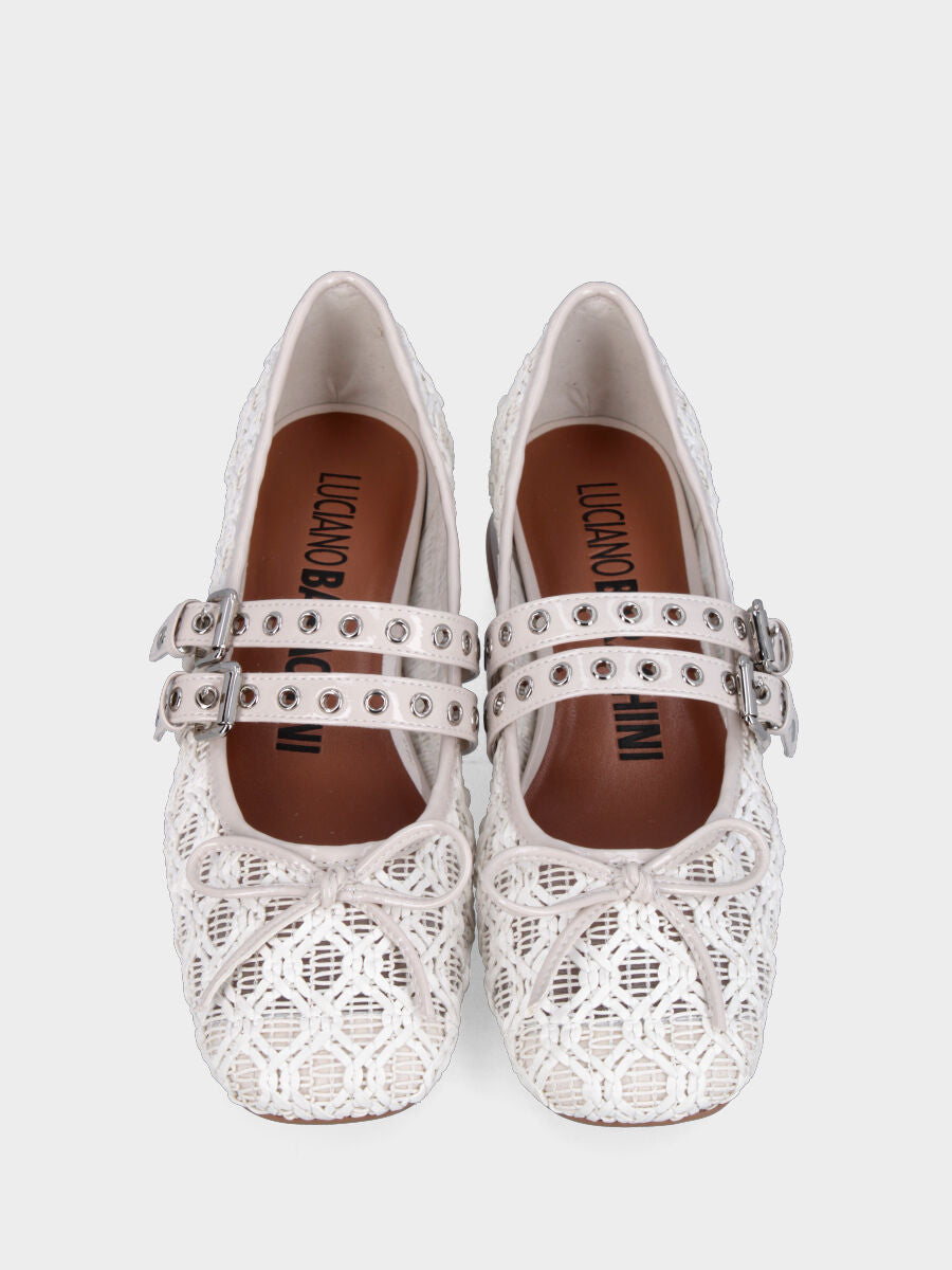 Ballerina Mary Jane in tessuto bianco con cinturini e fiocco