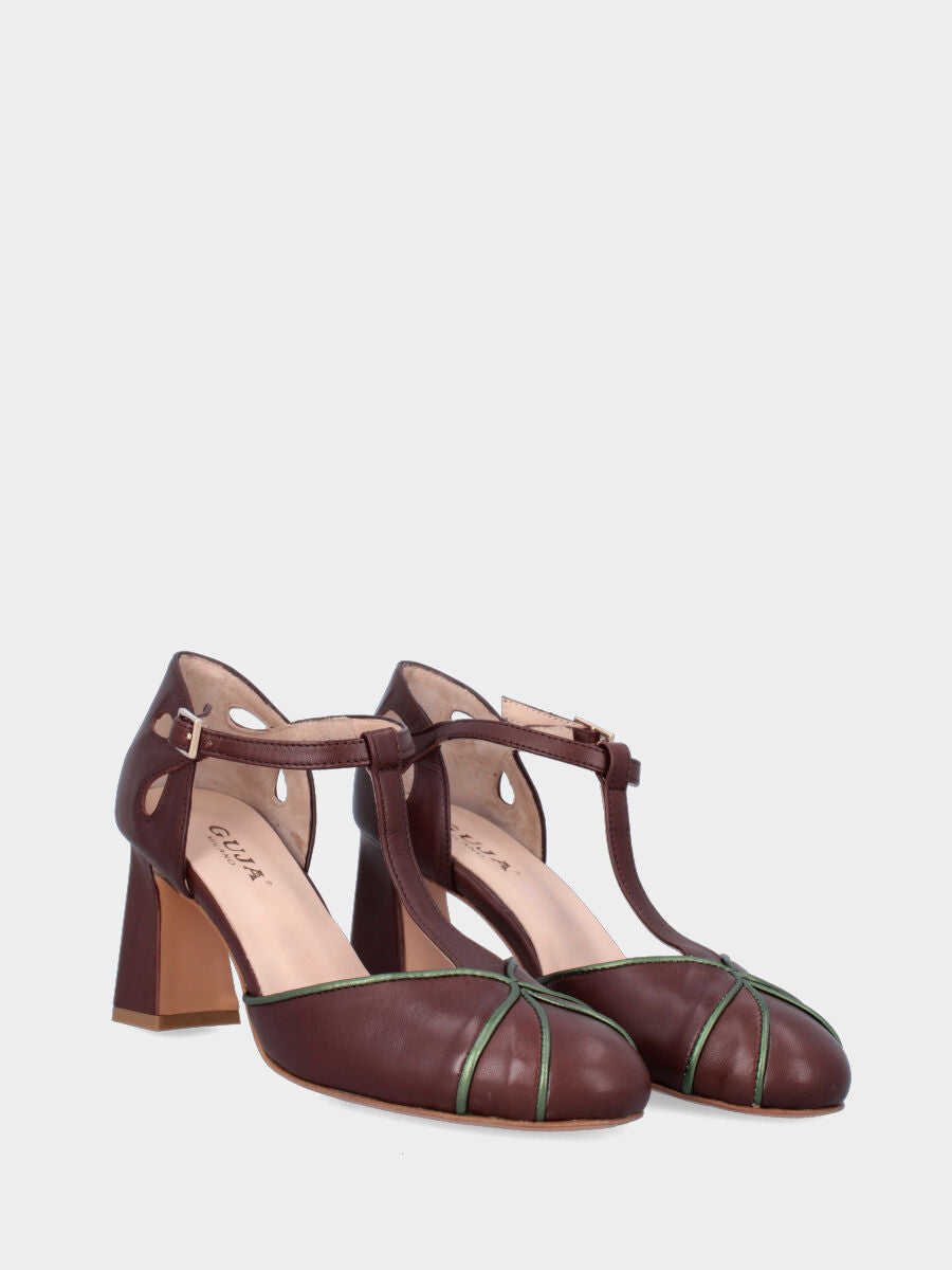 Décolleté T-bar in nappa marrone con profili a spicchi e tacco largo