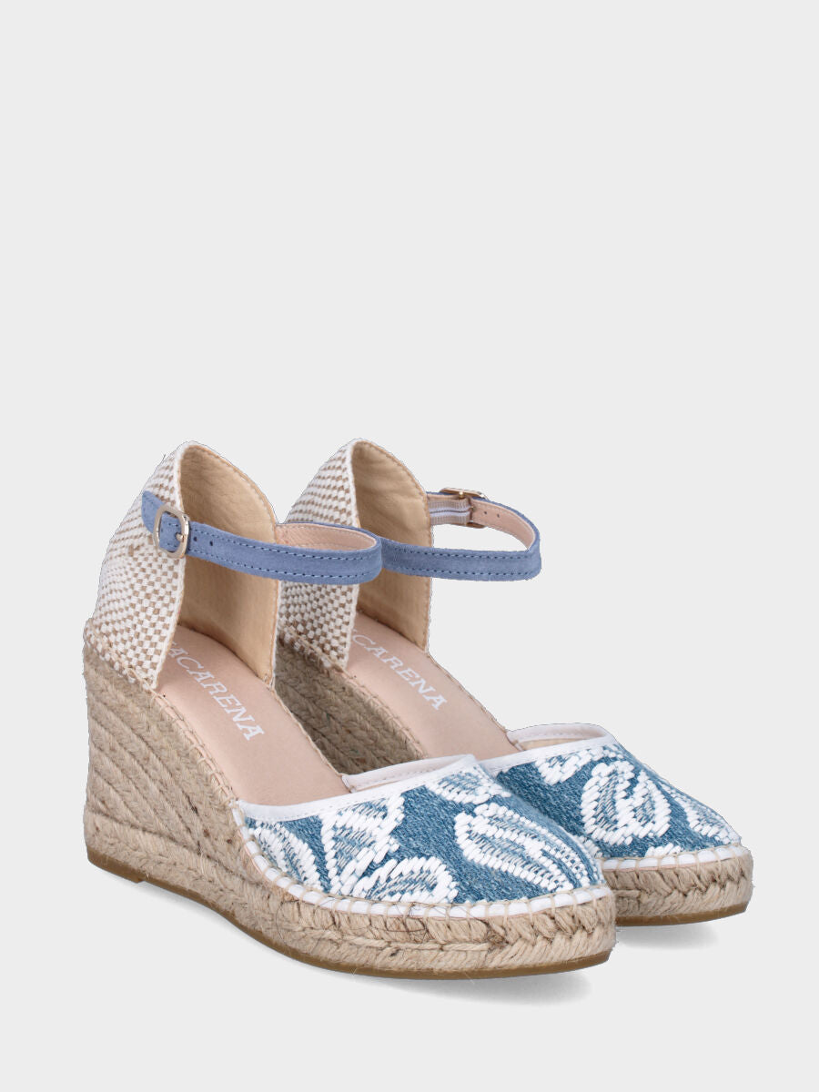 Campesina in tessuto jeans ricamato con zeppa in corda