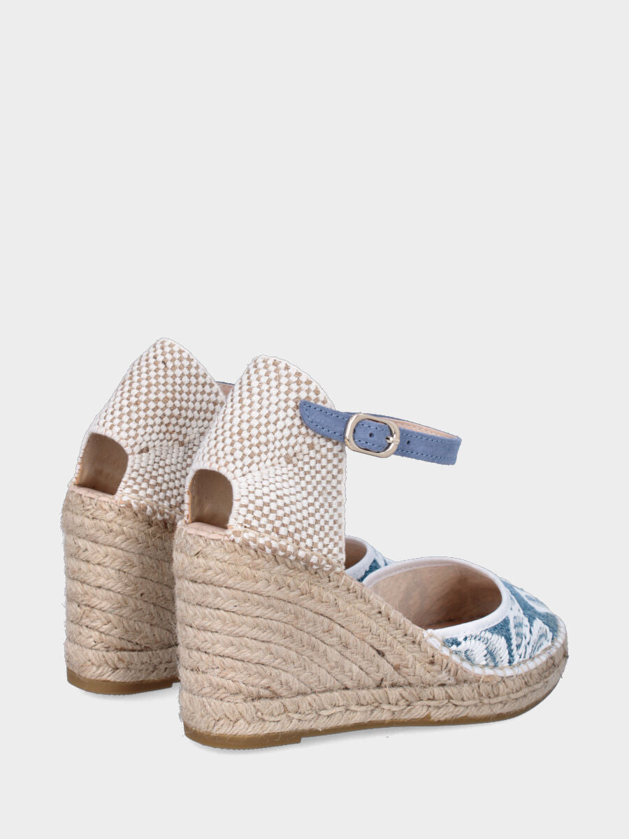 Campesina in tessuto jeans ricamato con zeppa in corda