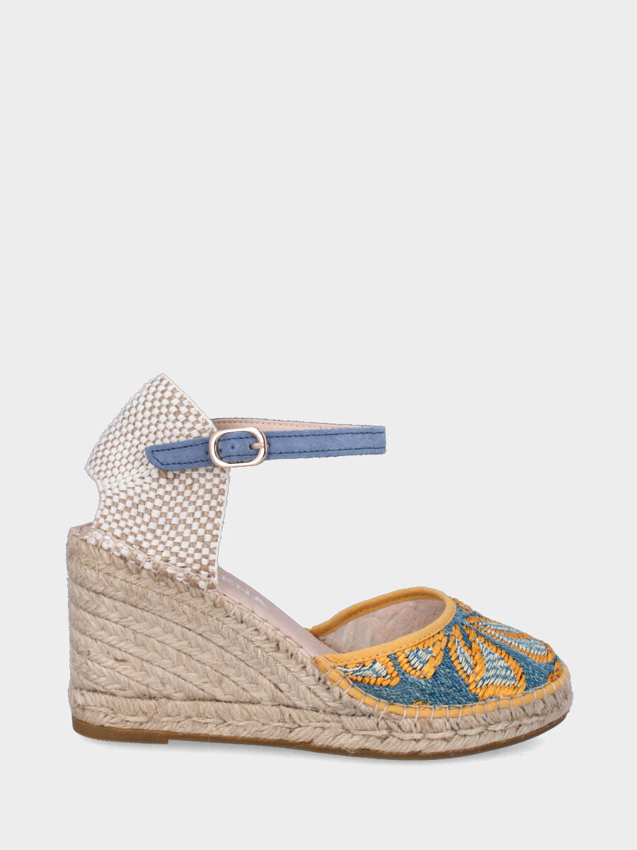 Campesina in tessuto jeans ricamato con zeppa in corda