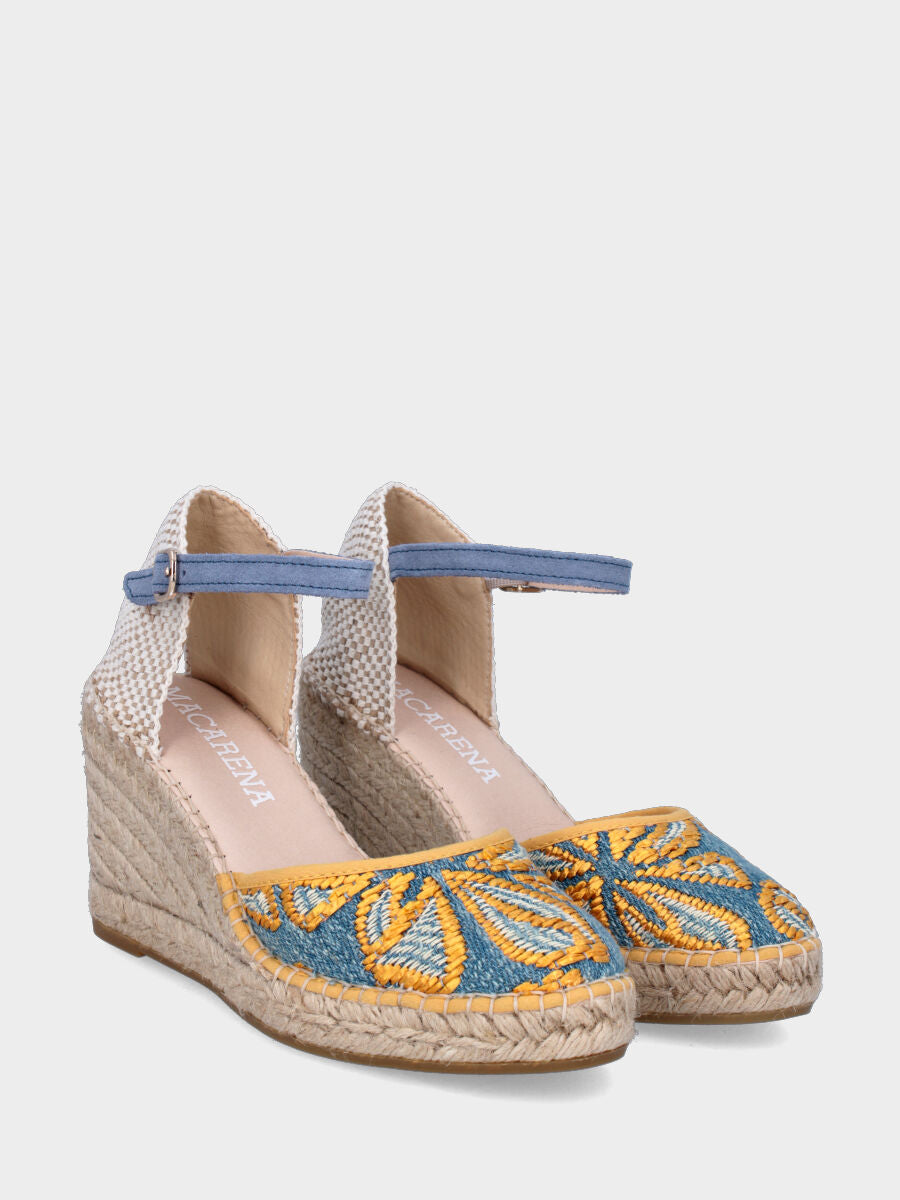 Campesina in tessuto jeans ricamato con zeppa in corda