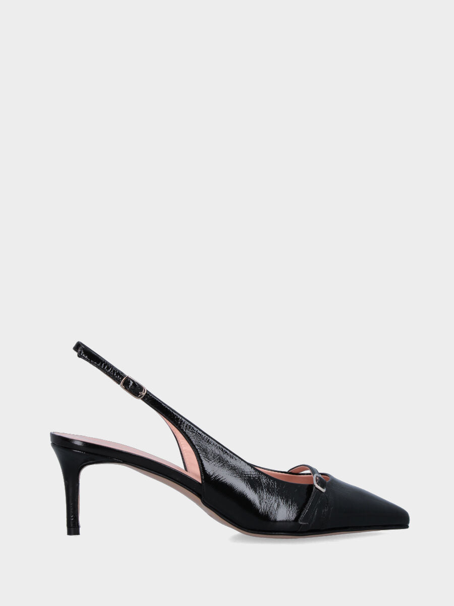 Slingback in verlux nero con tacco a calice e scollo tondo