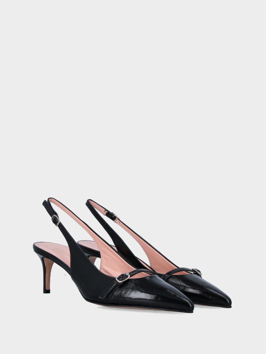 Slingback in verlux nero con tacco a calice e scollo tondo