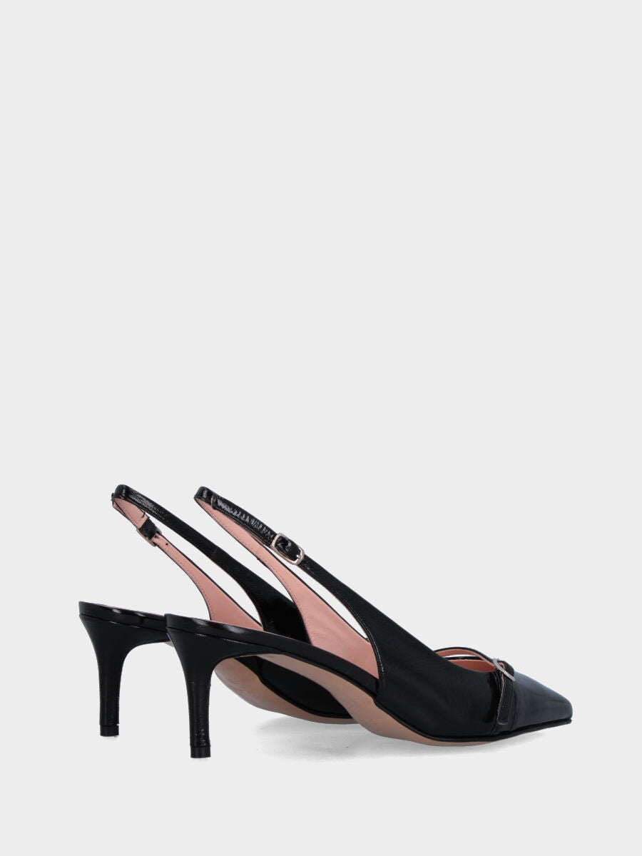 Slingback in verlux nero con tacco a calice e scollo tondo