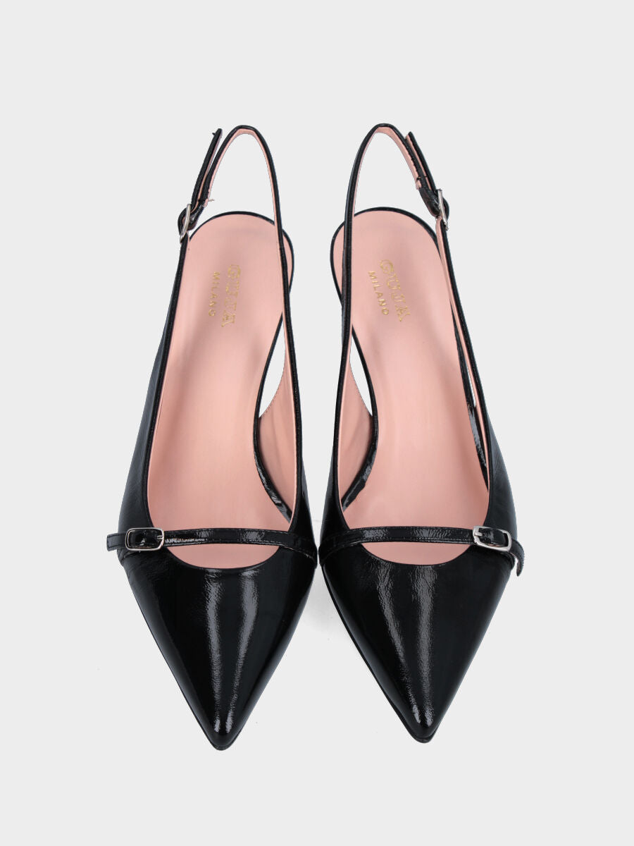 Slingback in verlux nero con tacco a calice e scollo tondo