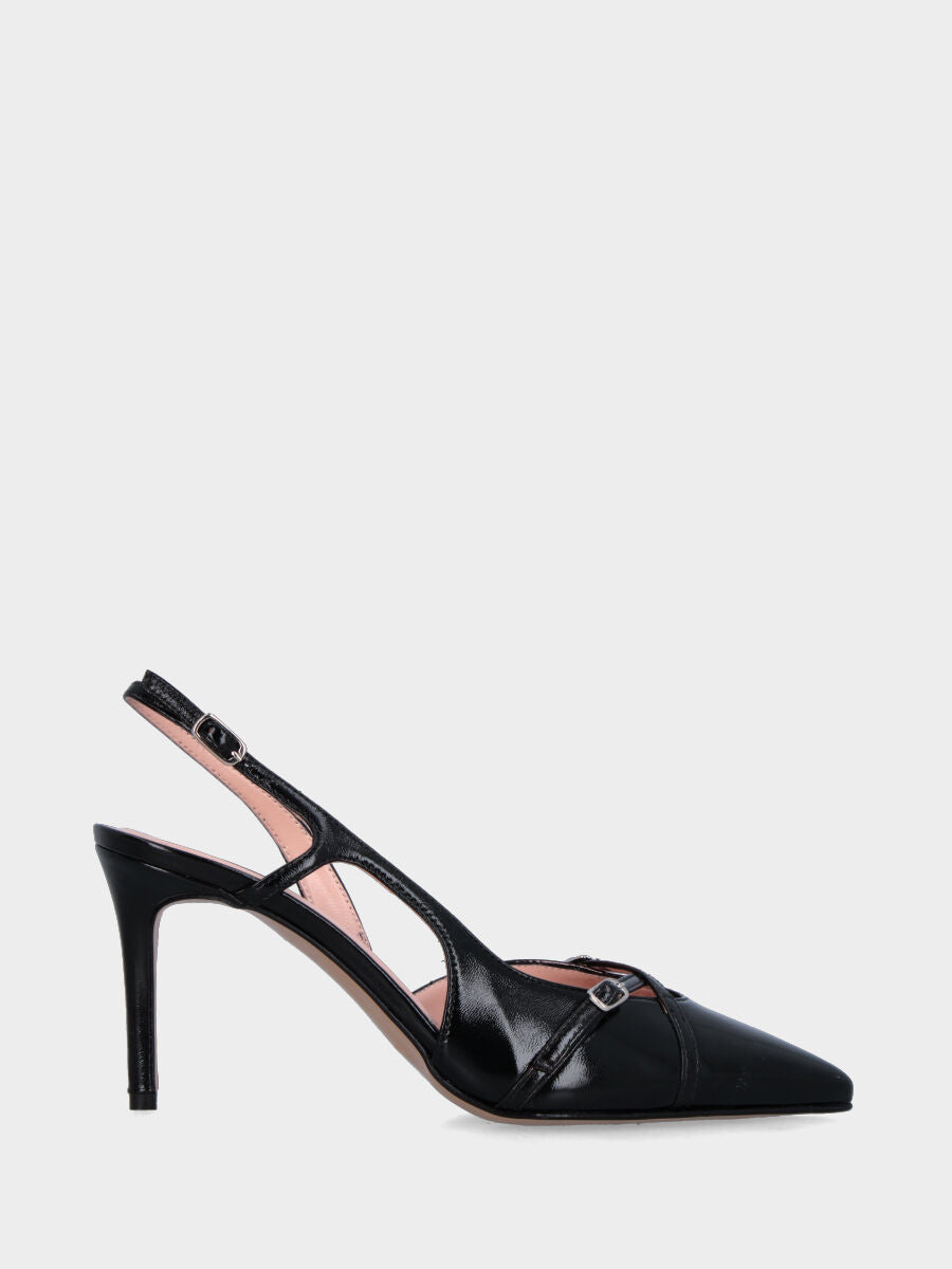Slingback in verlux nero con cinturini incrociati e tacco a calice