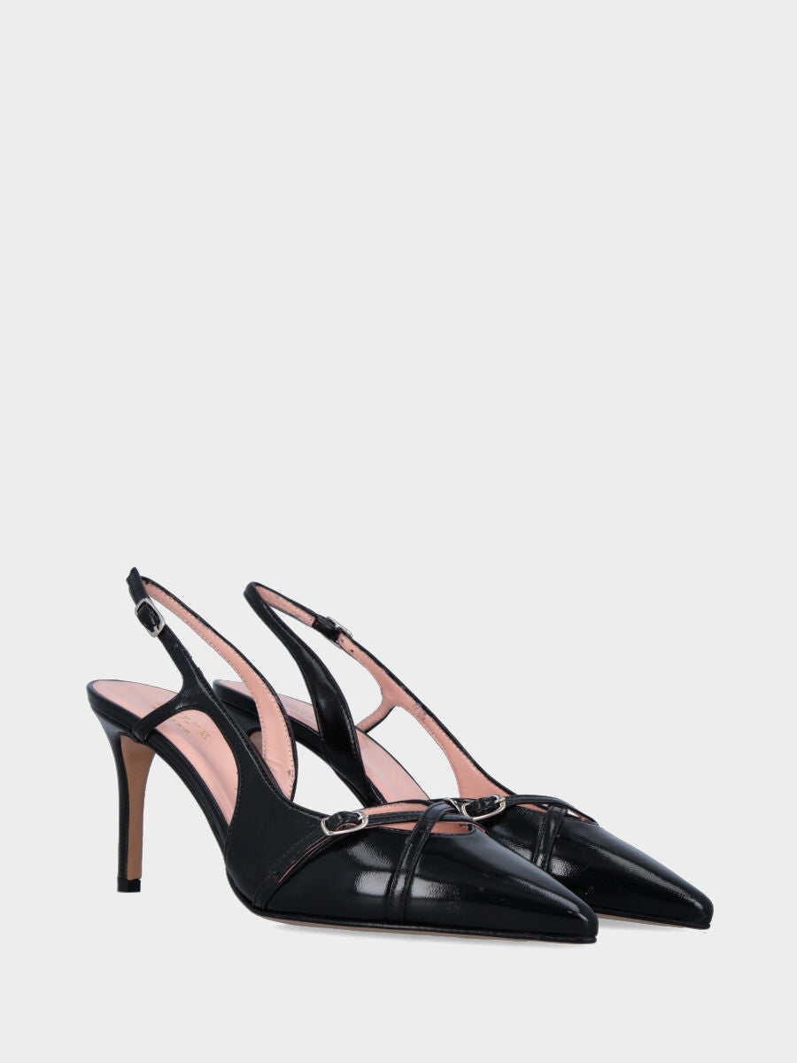 Slingback in verlux nero con cinturini incrociati e tacco a calice