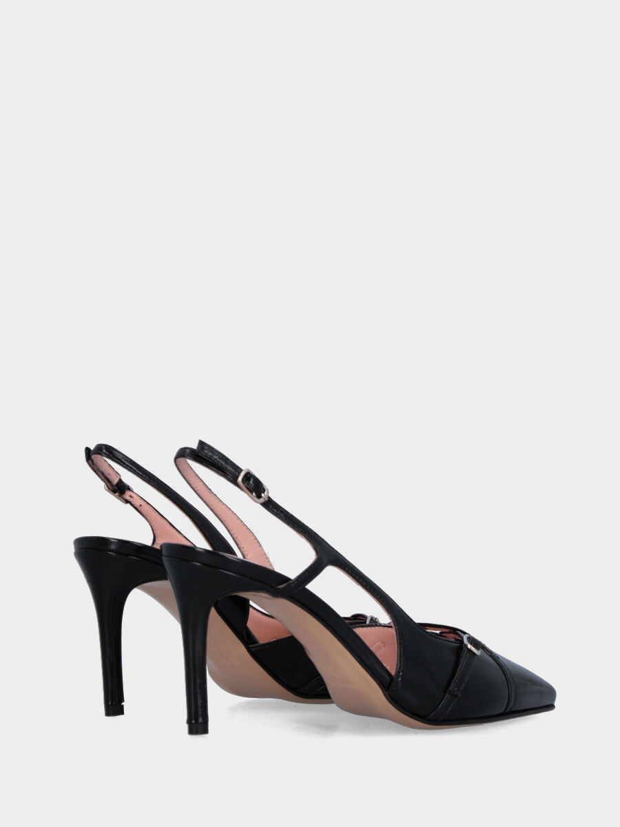Slingback in verlux nero con cinturini incrociati e tacco a calice