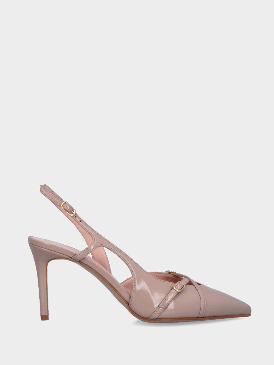 Slingback en verni miroir beige avec brides croisées et talon en forme de calice