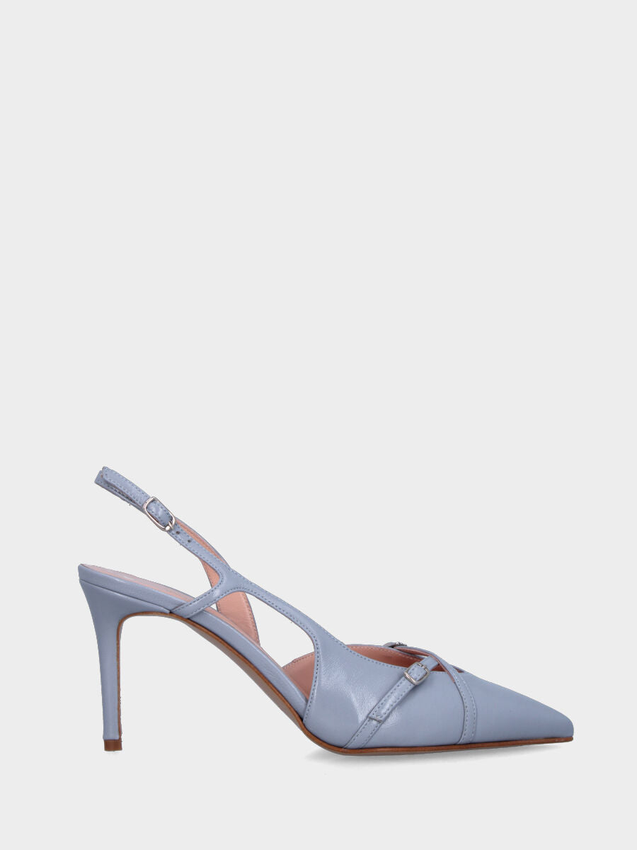 Slingback in verlux celeste con cinturini incrociati e tacco a calice