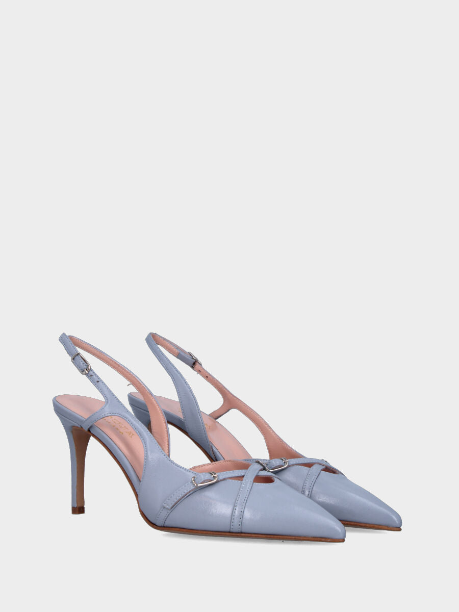 Slingback in verlux celeste con cinturini incrociati e tacco a calice